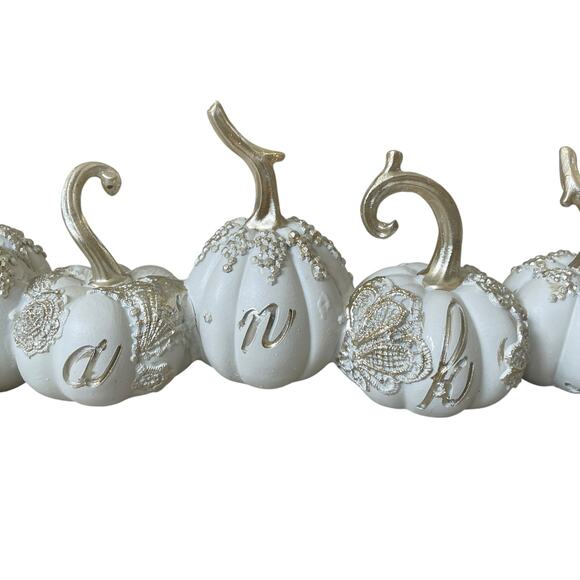 Give Thanks THANKFUL Pumpkins 17.5in Resin White & Gold Fall Designer Decor NEW - Picture 14 of 15